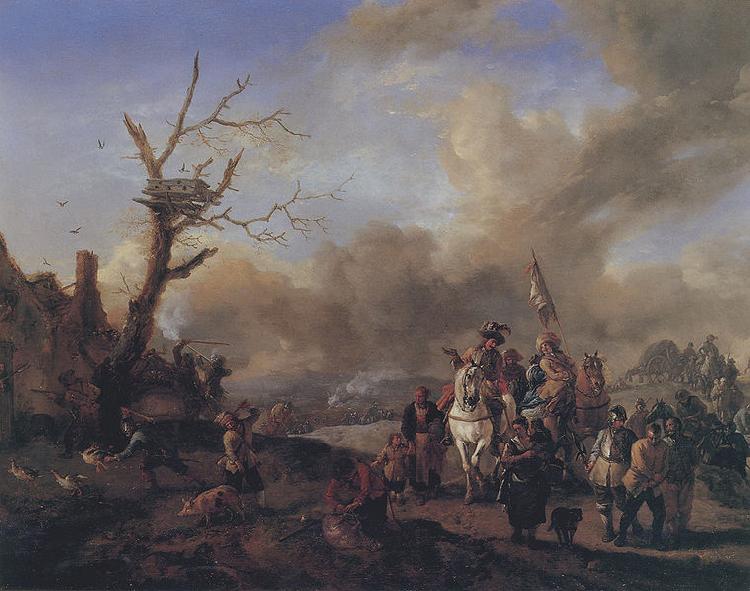 Philips Wouwerman Heranziehender Soldatentrob mit Marketenderinnen und Kindern, ein Bauerngehoft plundernd Germany oil painting art
